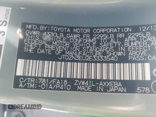 2014 Toyota Prius Two with VIN JTDZN3EU2E3333540, listed as a IAAI auction lot 41316701 with 33,465 mi miles and . Bid and sale history available at DreamBid. Image 9.