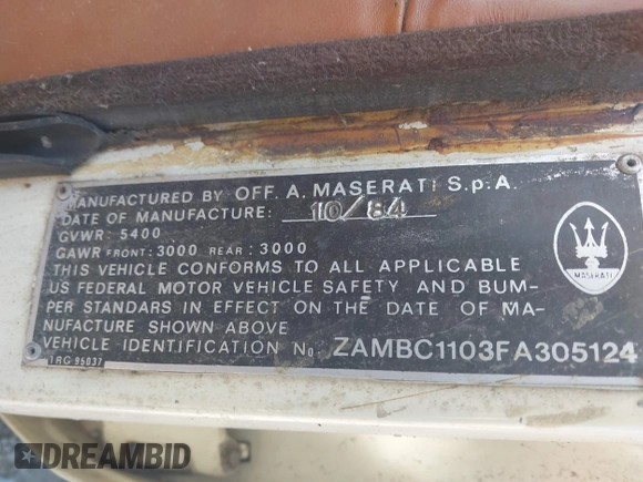 1985 Maserati Quattroporte z VIN ZAMBC1103FA305124, wystawiony jako IAAI lot #42164927 z przebiegiem 117 000 mil mil oraz . Historia ofert i sprzedaży dostępna na DreamBid. Obrazek 9.