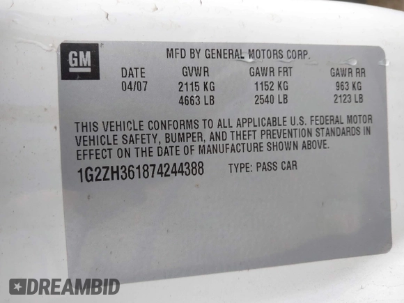 2007 Pontiac G6 GT with VIN 1G2ZH361874244388, listed as a IAAI auction lot 42222283 with 116,676 mi miles and . Bid and sale history available at DreamBid. Image 9.