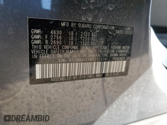 2021 Subaru Legacy Limited z VIN 4S3BWAN66M3012314, wystawiony jako Copart lot #42001805 z przebiegiem 69 598 mil mil oraz Szkoda całkowita • Salvage title. Historia ofert i sprzedaży dostępna na DreamBid. Obrazek 14.