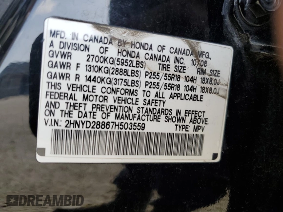 2007 Acura MDX Sport with VIN 2HNYD28867H503559, listed as a Copart auction lot 55153715 with 182,947 mi miles and Salvage Title. Bid and sale history available at DreamBid. Image 13.