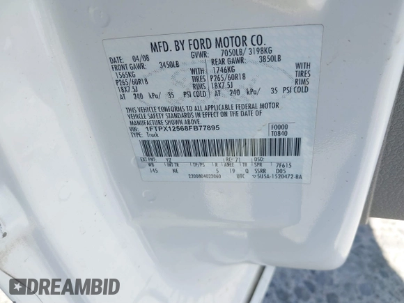 2008 Ford F-150 XL with VIN 1FTPX12568FB77895, listed as a IAAI auction lot 41820034 with 236,566 mi miles and . Bid and sale history available at DreamBid. Image 9.