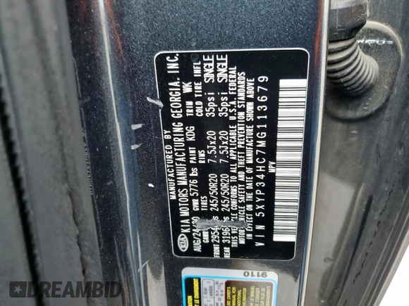 2021 Kia Telluride EX with VIN 5XYP34HC7MG113679, listed as a Copart auction lot 55752625 with 85,602 mi miles and Salvage title. Bid and sale history available at DreamBid. Image 13.