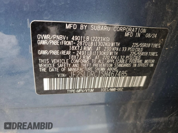 2025 Subaru Forester Limited with VIN JF2SLDRC1SH467485, listed as a Copart auction lot 63452015 with 38,681 mi miles and Salvage title. Bid and sale history available at DreamBid. Image 13.