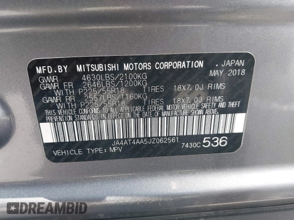 2018 Mitsubishi Eclipse Cross LE z VIN JA4AT4AA5JZ062561, wystawiony jako IAAI lot #41572618 z przebiegiem 95 716 mil mil oraz . Historia ofert i sprzedaży dostępna na DreamBid. Obrazek 9.