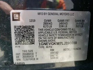 2020 Chevrolet Traverse LT Cloth with VIN 1GNEVGKW7LJ190659, listed as a Copart auction lot 60342623 with 49,257 mi miles. Bid and sale history available at carsss.com. Image 14.