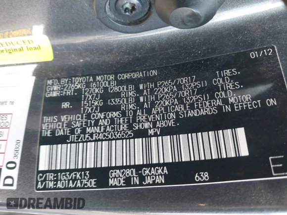 2012 Toyota 4Runner SR5 with VIN JTEZU5JR4C5036525, listed as a IAAI auction lot 42231827 with 170,612 mi miles and . Bid and sale history available at DreamBid. Image 9.