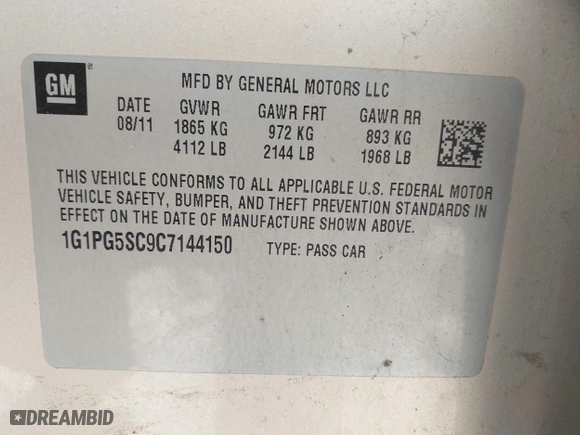 2012 Chevrolet Cruze LT w/2LT with VIN 1G1PG5SC9C7144150, listed as a IAAI auction lot 42113185 with 152,398 mi miles. Bid and sale history available at carsss.com. Image 9.