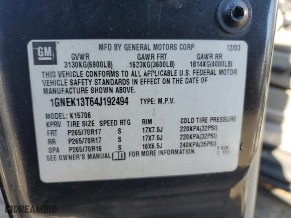 2004 Chevrolet Tahoe LT with VIN 1GNEK13T64J192494, listed as a Copart auction lot 46248415 with 261,039 mi miles and Salvage Title. Bid and sale history available at carsss.com. Image 13.