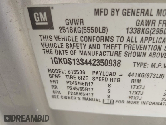 2004 GMC Envoy SLE with VIN 1GKDS13S442350938, listed as a IAAI auction lot 41790810 with 161,998 mi miles. Bid and sale history available at carsss.com. Image 9.