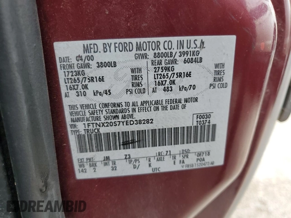 2000 Ford F-250 XL with VIN 1FTNX20S7YED38282, listed as a Copart auction lot 58748425 with 211,080 mi miles and Salvage title. Bid and sale history available at DreamBid. Image 12.