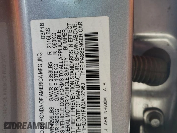 2018 Honda Accord EX with VIN 1HGCV1F42JA127960, listed as a Copart auction lot 50558335 with 141,915 mi miles and Salvage Title. Bid and sale history available at DreamBid. Image 12.