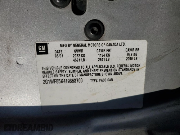2001 Chevrolet Impala z VIN 2G1WF55K419353700, wystawiony jako Copart lot #84012864 z przebiegiem Nie podano mil oraz Szkoda całkowita • Salvage title. Historia ofert i sprzedaży dostępna na DreamBid. Obrazek 12.