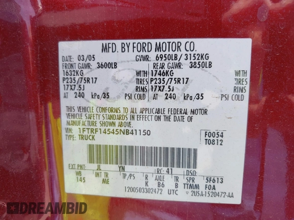 2005 Ford F-150 XL z VIN 1FTRF14545NB41150, wystawiony jako IAAI lot #42472198 z przebiegiem 198 358 mil mil oraz . Historia ofert i sprzedaży dostępna na DreamBid. Obrazek 9.