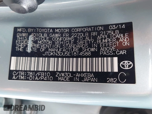 2014 Toyota Prius Four with VIN JTDKN3DU5E1814588, listed as a IAAI auction lot 42073609 with 209,003 mi miles. Bid and sale history available at carsss.com. Image 9.