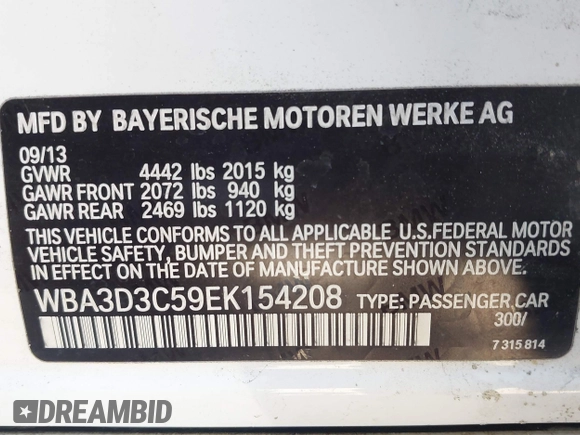 2014 BMW 3 Series 328d with VIN WBA3D3C59EK154208, listed as a IAAI auction lot 41837548 with 72,463 mi miles and . Bid and sale history available at carsss.com. Image 9.