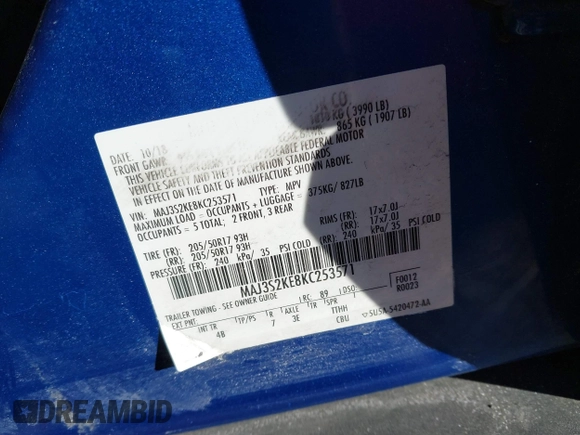2019 Ford EcoSport Titanium with VIN MAJ3S2KE8KC253571, listed as a IAAI auction lot 41423542 with 123,392 mi miles and . Bid and sale history available at DreamBid. Image 9.