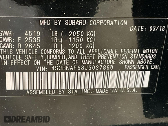 2018 Subaru Legacy Premium with VIN 4S3BNAF68J3037860, listed as a IAAI auction lot 42199090 with 32,892 mi miles. Bid and sale history available at carsss.com. Image 1.
