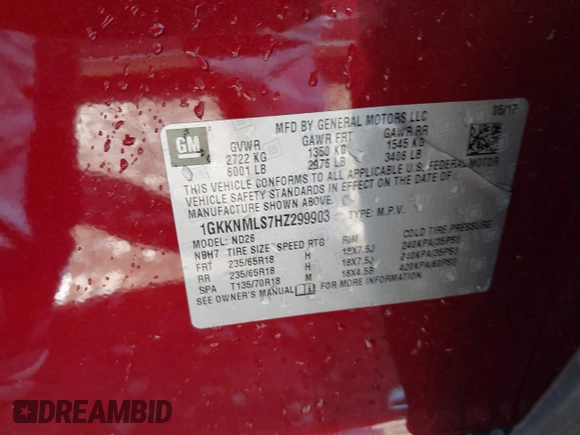 2017 GMC Acadia SLT with VIN 1GKKNMLS7HZ299903, listed as a IAAI auction lot 41836987 with 130,517 mi miles. Bid and sale history available at carsss.com. Image 9.