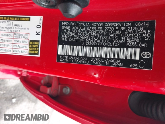 2015 Toyota Prius Four with VIN JTDKN3DU9F0400107, listed as a IAAI auction lot 42068273 with 100,915 mi miles. Bid and sale history available at carsss.com. Image 9.