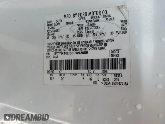 2006 Ford Ranger XL with VIN 1FTYR10D56PA92689, listed as a Copart auction lot 58096185 with 145,791 mi miles and Salvage title. Bid and sale history available at DreamBid. Image 12.