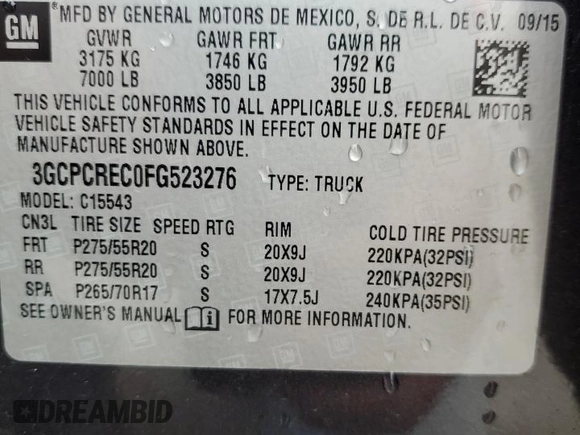 2015 Chevrolet Silverado 1500 LT with VIN 3GCPCREC0FG523276, listed as a Copart auction lot 53350035 with 97,141 mi miles and Salvage Title. Bid and sale history available at DreamBid. Image 12.