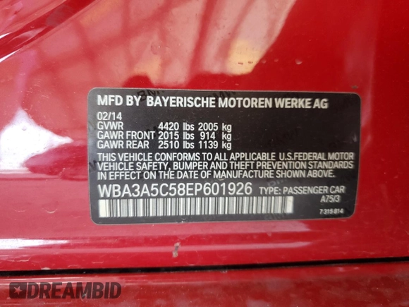 2014 BMW 3 Series 328i with VIN WBA3A5C58EP601926, listed as a Copart auction lot 45723725 with 86,624 mi miles and Salvage Title. Bid and sale history available at DreamBid. Image 12.