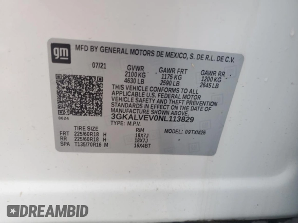 2022 GMC Terrain SLT with VIN 3GKALVEV0NL113829, listed as a Copart auction lot 53702325 with 52,810 mi miles and Salvage title. Bid and sale history available at DreamBid. Image 13.