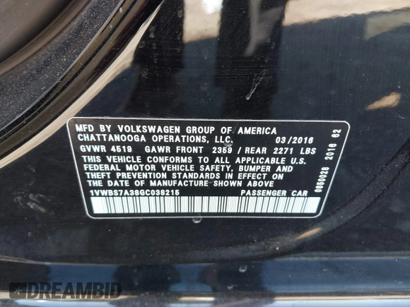 2016 Volkswagen Passat SE with VIN 1VWBS7A38GC038215, listed as a IAAI auction lot 40890685 with 55,064 mi miles and . Bid and sale history available at DreamBid. Image 9.