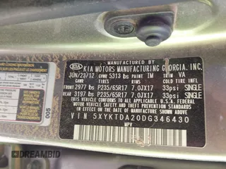 2013 Kia Sorento LX with VIN 5XYKTDA20DG346430, listed as a IAAI auction lot 42180778 with 166,275 mi miles. Bid and sale history available at carsss.com. Image 9.