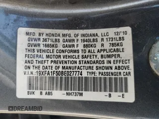 2011 Honda Civic LX with VIN 19XFA1F50BE027774, listed as a Copart auction lot 54888065 with 312,530 mi miles and Salvage Title. Bid and sale history available at DreamBid. Image 12.