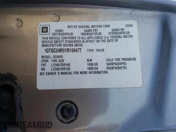 2000 GMC Sierra 1500 with VIN 1GTGC24R5YR198477, listed as a Copart auction lot 76717374 with 109,201 mi miles and Salvage Title. Bid and sale history available at DreamBid. Image 12.