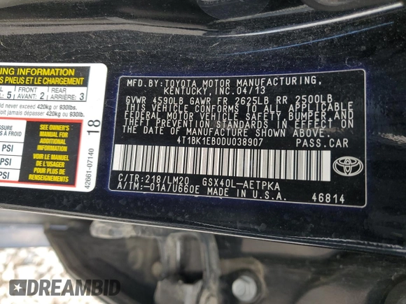 2013 Toyota Avalon XLE z VIN 4T1BK1EB0DU038907, wystawiony jako Copart lot #55498125 z przebiegiem 126 142 mil mil oraz Szkoda całkowita • Salvage title. Historia ofert i sprzedaży dostępna na DreamBid. Obrazek 12.