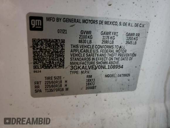 2022 GMC Terrain SLT with VIN 3GKALVEV0NL108954, listed as a Copart auction lot 85035874 with 42,407 mi miles and Salvage Title. Bid and sale history available at carsss.com. Image 13.