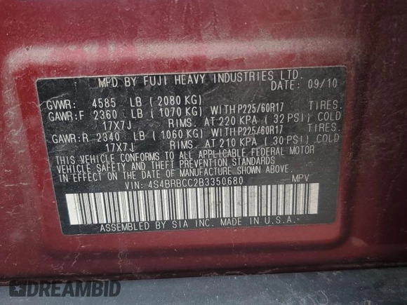 2011 Subaru Outback Premium z VIN 4S4BRBCC2B3350680, wystawiony jako Copart lot #59736115 z przebiegiem 165 498 mil mil oraz Szkoda całkowita • Salvage title. Historia ofert i sprzedaży dostępna na DreamBid. Obrazek 13.