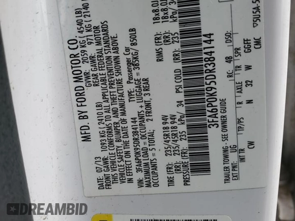 2013 Ford Fusion Titanium with VIN 3FA6P0K95DR384144, listed as a Copart auction lot 49040015 with 228,120 mi miles and Non Repairable. Bid and sale history available at DreamBid. Image 12.