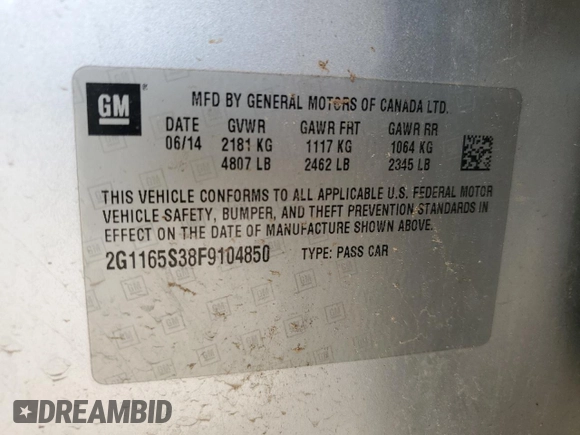 2015 Chevrolet Impala LTZ with VIN 2G1165S38F9104850, listed as a Copart auction lot 52028615 with 155,730 mi miles and Salvage Title. Bid and sale history available at DreamBid. Image 12.