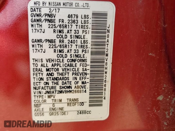 2017 Nissan Rogue S with VIN JN8AT2MV8HW266814, listed as a Copart auction lot 48042345 with 104,747 mi miles and Salvage Title. Bid and sale history available at carsss.com. Image 13.