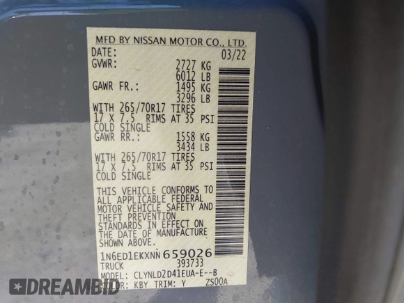 2022 Nissan Frontier SV z VIN 1N6ED1EKXNN659026, wystawiony jako IAAI lot #42050476 z przebiegiem 26 183 mil mil oraz . Historia ofert i sprzedaży dostępna na DreamBid. Obrazek 9.