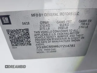 2018 Chevrolet Cruze LS with VIN 1G1BC5SM6J7214781, listed as a IAAI auction lot 41485333 with 119,546 mi miles and . Bid and sale history available at DreamBid. Image 9.