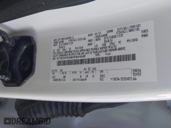2017 Ford F-150 XL with VIN 1FTEW1EG4HFB21056, listed as a IAAI auction lot 41874618 with 135,601 mi miles. Bid and sale history available at carsss.com. Image 9.