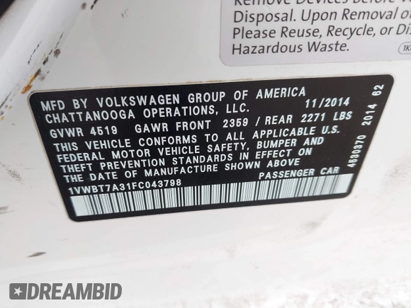 2015 Volkswagen Passat 1.8T SE w/Sunroof & Nav with VIN 1VWBT7A31FC043798, listed as a IAAI auction lot 42108289 with 132,442 mi miles. Bid and sale history available at carsss.com. Image 9.