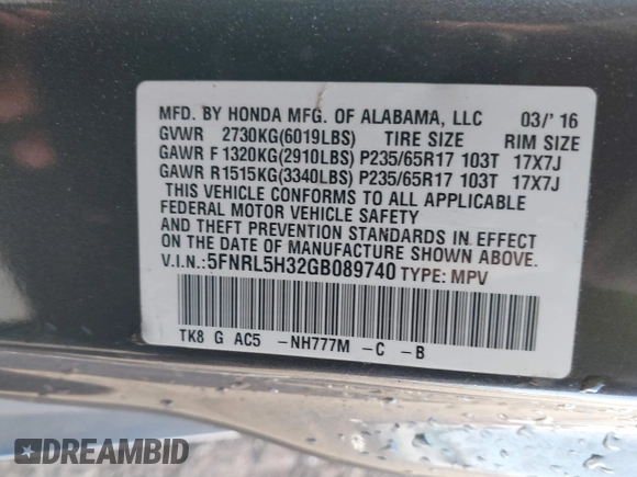 2016 Honda Odyssey SE with VIN 5FNRL5H32GB089740, listed as a IAAI auction lot 41402635 with 120,666 mi miles and . Bid and sale history available at DreamBid. Image 9.