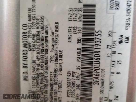 2013 Ford Fusion SE Hybrid with VIN 3FA6P0LU6DR193755, listed as a Copart auction lot 48510635 with 165,795 mi miles and Salvage Title. Bid and sale history available at DreamBid. Image 12.
