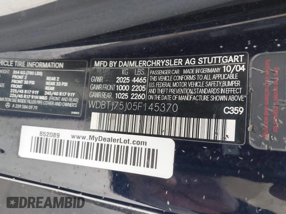 2005 Mercedes-Benz CLK 500 with VIN WDBTJ75J05F145370, listed as a IAAI auction lot 41531094 with 107,162 mi miles and . Bid and sale history available at DreamBid. Image 9.