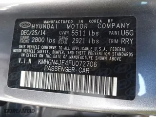 2015 Hyundai Genesis 3.8L with VIN KMHGN4JE4FU072706, listed as a IAAI auction lot 41993699 with 163,122 mi miles. Bid and sale history available at carsss.com. Image 9.