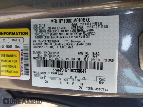 2013 Ford Fusion SE with VIN 3FA6P0H74DR338049, listed as a IAAI auction lot 42090944 with 139,645 mi miles. Bid and sale history available at carsss.com. Image 9.