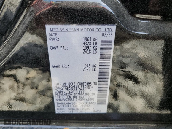 2025 Nissan Altima SV with VIN 1N4BL4DV9SN369349, listed as a Copart auction lot 53824945 with 291 mi miles and Clean Title. Bid and sale history available at DreamBid. Image 12.