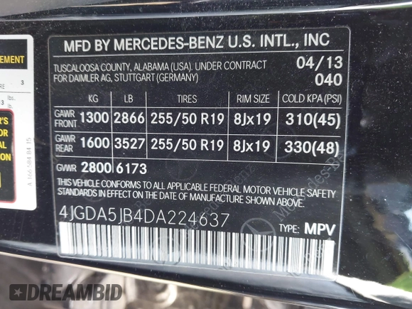 2013 Mercedes-Benz M 350 with VIN 4JGDA5JB4DA224637, listed as a IAAI auction lot 41467639 with 113,887 mi miles and . Bid and sale history available at DreamBid. Image 9.