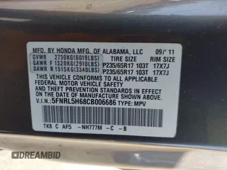 2012 Honda Odyssey EX-L with VIN 5FNRL5H68CB006686, listed as a IAAI auction lot 42039035 with 338,331 mi miles and . Bid and sale history available at carsss.com. Image 9.